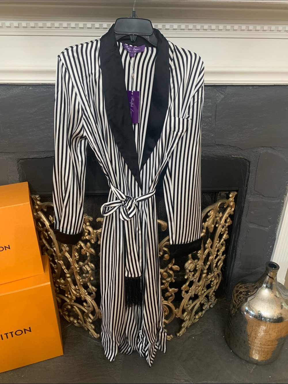 Ralph Lauren Purple Label Black and White Striped Satin-Trim Long Robe
